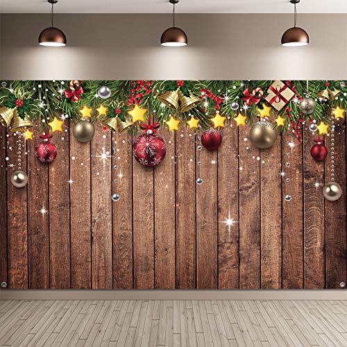 Blulu Christmas Backdrop for Photography - Fabric Wood Pattern Background with Pine Tree & Ornaments - Merry Xmas Photo Background, 72.8 x 43.3 Inch