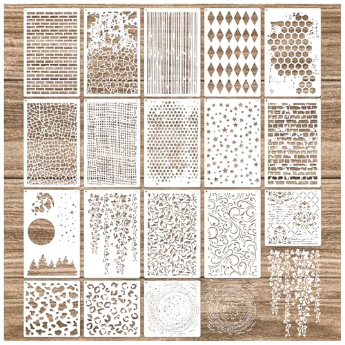 Cubist Mixed Media Layering Stencils for Painting on Wood, Texture Demask Leaf Tree Brick Striped Background Pattern Stencils for Crafts Wall Shoe Cards Canvas Furniture (Texture)