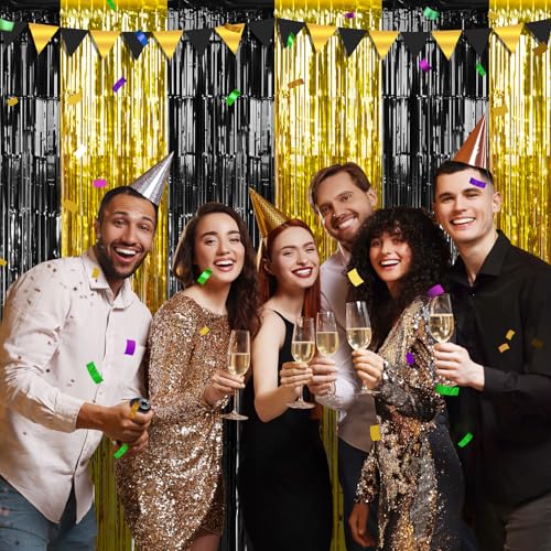 6Pack 3.3Ft x 6.6Ft Graduation Foil Fringe Curtain Backdrop Decorations, Black Gold Metallic Tinsel Foil Streamers Curtain Photo Booth Background for Graduation Prom Wedding Birthday Party Decorations - color: Black Gold