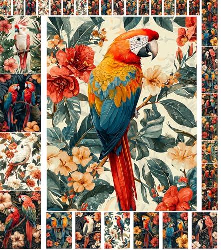 Decoupage Paper Pack (35 Sheets 6"x8") Tropical Parrots: Vibrant Macaws and Cockatoos Perched Among Exotic Blooms in Lush Greenery with Bold and Rich Colors FLONZ Vintage - color: eight