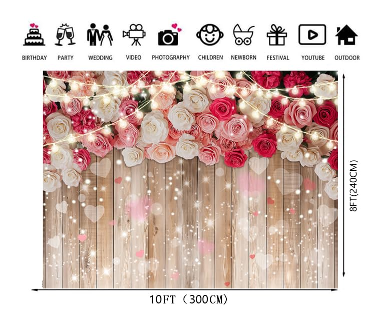10x8ft Rustic Floral Wooden Wall Backdrop Wall for Women Family Photography Background Rose Flower Wooden Party Decoration for Birthday, Wedding, Baby Showers Valentine’s Day Photo Booth Props - size: 10 x 8ft