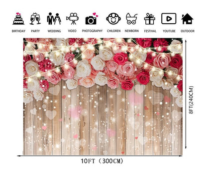 10x8ft Rustic Floral Wooden Wall Backdrop Wall for Women Family Photography Background Rose Flower Wooden Party Decoration for Birthday, Wedding, Baby Showers Valentine’s Day Photo Booth Props - size: 10 x 8ft