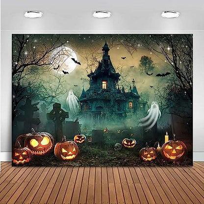Mocsicka Halloween Backdrop 7x5ft Scary Castle Haunted House Graveyard Wall Backdrop for Photography Bat Horror Moon Night Party Decorations Banner Photo Booth Props - size: 7x5ft