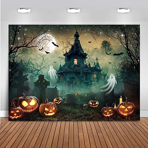 Mocsicka Halloween Backdrop 7x5ft Scary Castle Haunted House Graveyard Wall Backdrop for Photography Bat Horror Moon Night Party Decorations Banner Photo Booth Props - size: 7x5ft