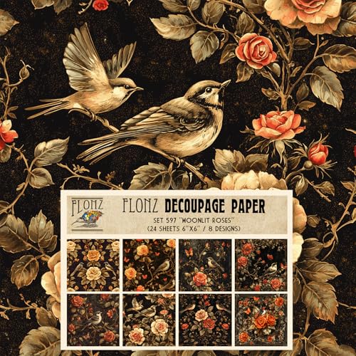 Decoupage Paper Pack (24 Sheets 6"x6") Moonlit Roses: Birds, Butterflies, and Vintage Roses in Dark Floral Elegance # Vintage Styled Paper for Craft and Scrapbooking - color: FortySix