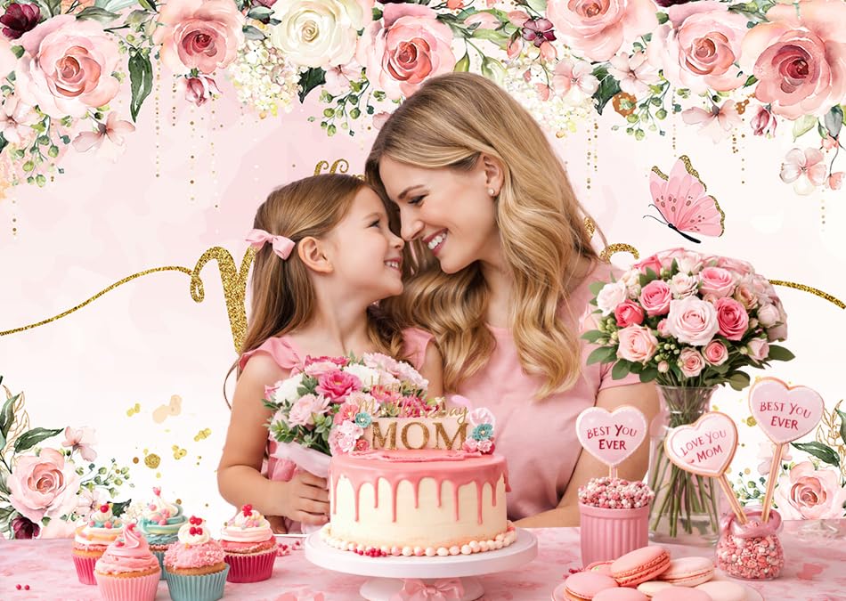 8x6ft Mother's Day Photography Backdrop Mothers Day Gold and Pink Flowers Photo Backdrop Mother's Day Brunch Decoratios Banner Background Studio Props 264 - size: 8x6ft