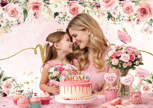 8x6ft Mother's Day Photography Backdrop Mothers Day Gold and Pink Flowers Photo Backdrop Mother's Day Brunch Decoratios Banner Background Studio Props 264 - size: 8x6ft