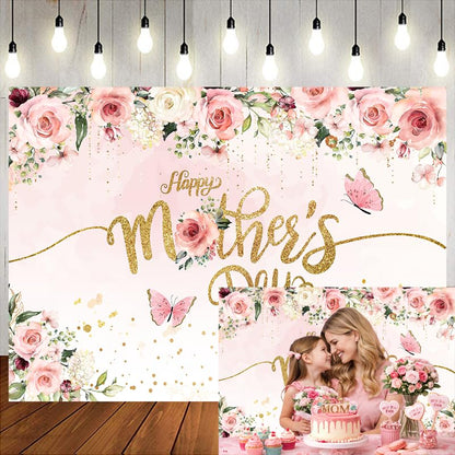 8x6ft Mother's Day Photography Backdrop Mothers Day Gold and Pink Flowers Photo Backdrop Mother's Day Brunch Decoratios Banner Background Studio Props 264 - size: 8x6ft