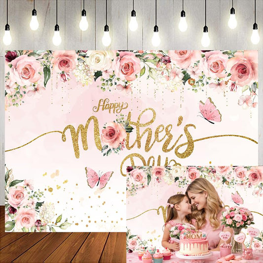 8x6ft Mother's Day Photography Backdrop Mothers Day Gold and Pink Flowers Photo Backdrop Mother's Day Brunch Decoratios Banner Background Studio Props 264 - size: 8x6ft