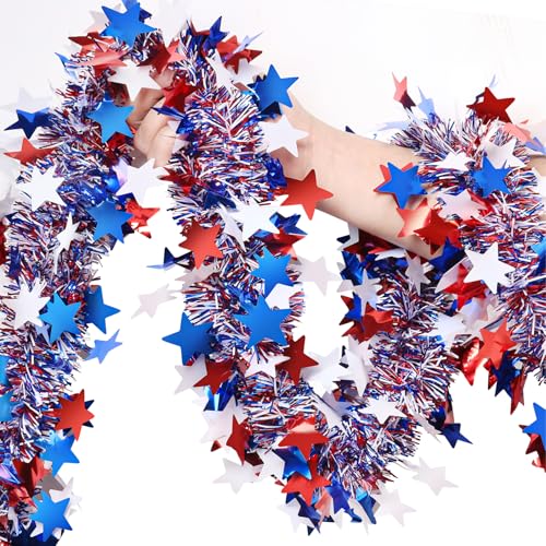 4th of July Garland Decorations,50Ft Glitter Tinsel Patriotic Decor for Tree Car Golf Cart Parade Float Bike Party Table Yard Door Boat Indoor Outdoor Holiday Home - color: Blue