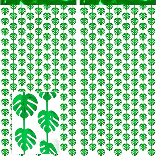 2 Packs Jungle Leaf Foil Fringe Curtain, Green Glitter Tropical Palm Leaves Metallic Tinsel Backdrop for Safari Birthday, Baby Shower, Hawaiian Aloha Luau Party Decorations Supplies - color: Green Leaf