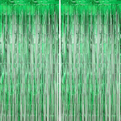 Voircoloria 2 Pack Green Foil Fringe Backdrop Curtains, Tinsel Streamers Birthday Party Decorations, Fringe Backdrop for Graduation, Dinosaur Theme, Green Party - color: 31 Green
