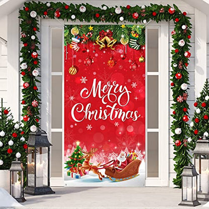 Irenare Christmas Decorations Merry Christmas Door Cover Xmas Background Banner Xmas Door Hanging Covers Photo Booth Props for Winter Party Decorations Supplies, 70.9 x 35.4 Inch(Vivid Style) - style: Vivid Style