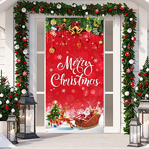 Irenare Christmas Decorations Merry Christmas Door Cover Xmas Background Banner Xmas Door Hanging Covers Photo Booth Props for Winter Party Decorations Supplies, 70.9 x 35.4 Inch(Vivid Style) - style: Vivid Style