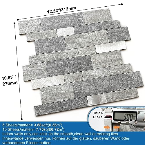 MOFIT Backsplash Tile for Kitchen Peel and Stick Stone Matte Finish,Bathroom Tiles Stickers 3D Wall Panel Linear Mosaic Marble Backsplash Waterproof (5sheets,Gray Silver) - color: Gray Silver, size: 5sheets