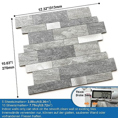 MOFIT Backsplash Tile for Kitchen Peel and Stick Stone Matte Finish,Bathroom Tiles Stickers 3D Wall Panel Linear Mosaic Marble Backsplash Waterproof(10sheets,Gray Silver) - color: Gray Silver, size: 10sheets