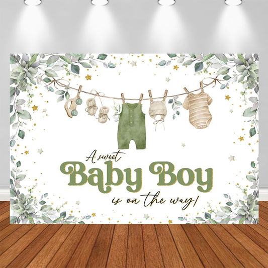 Boy Baby Shower 7x5ft Backdrop for Photography Oh Baby Greenery Watercolor Eucalyptus Leaves Cartoon Cute Background Party Decorations Cake Table Banner Decor Photo Booth Studio Props