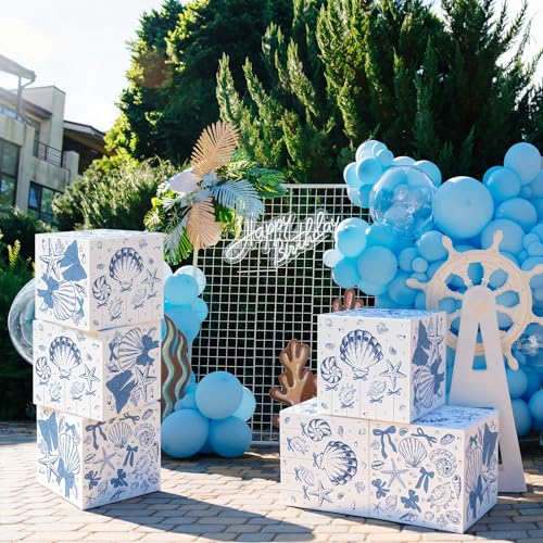 Tenceur 6 Pcs Last Toast on The Coast Bachelorette Party Decor Boxes Coastal Beach Blue Bow Seashell Paper Boxes 11.8'' Ocean Under The Sea Photo Booth Prop for Baby Shower Birthday Bachelorette Party - style: Coastal