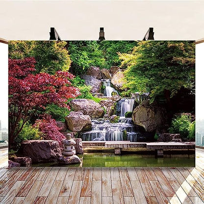 20x10ft Japan Garden Landscape Backdrop Retro Style Park View Photography Background Waterfall Maple Trees Bridge Kyoto Garden Travel Children Portrait Photo Props Japanese Backdrop for Party - size: 20x10ft