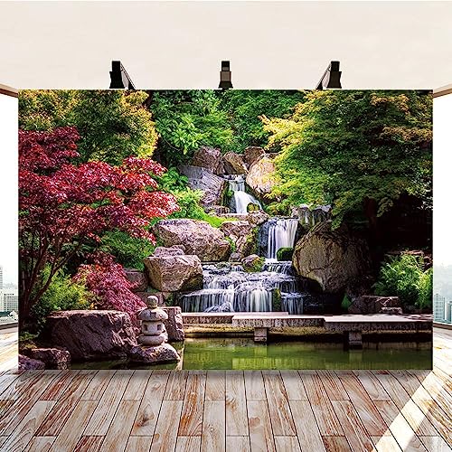 20x10ft Japan Garden Landscape Backdrop Retro Style Park View Photography Background Waterfall Maple Trees Bridge Kyoto Garden Travel Children Portrait Photo Props Japanese Backdrop for Party - size: 20x10ft