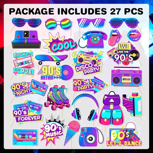 90's Photo Booth Props, 27Pcs 90s Theme Party Decorations, Disco Music Hip Hop Photo Booth Props for 1990s Party Decorations