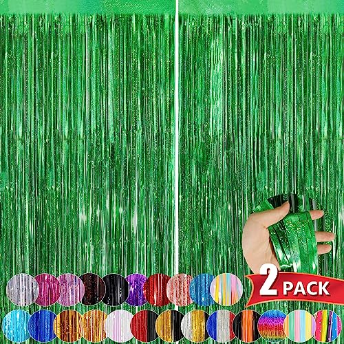 Green Metallic Tinsel Foil Fringe Curtains, 2 Pack 3.3x8.3 Feet Party Streamer for Birthday Party Decorations, Halloween Decor, Foil Curtain Backdrop for Christmas Party Decorations - color: Green, size: 2 Pack