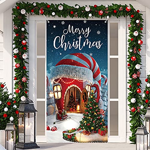 Irenare Christmas Decorations Merry Christmas Door Cover Xmas Background Banner Xmas Door Hanging Covers Photo Booth Props for Winter Party Decorations Supplies, 70.9 x 35.4 Inch (Classic Style) - style: Classic Style