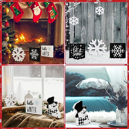 Huwena 6 Pcs Winter Tiered Tray Decor Snowflake Table Signs Hello Winter Wood Blocks Farmhouse Let It Snow Wood Decor for Table Shelf(Cute Style) - style: Cute Style