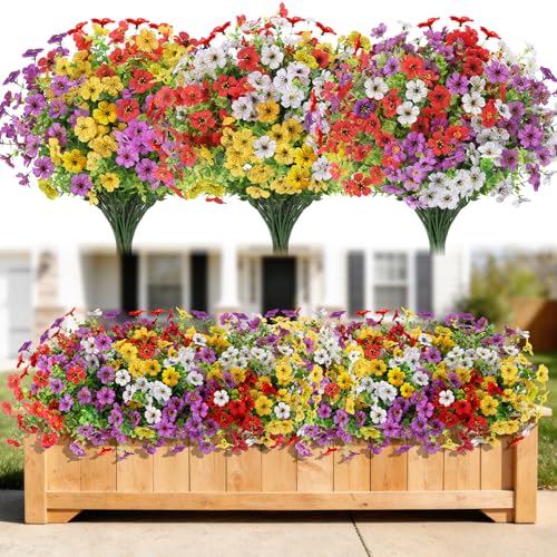 MERIXMAS 24 Bundles Artificial Flowers for Outdoors Decorations, Fake Flowers Artificial Plants Outdoor, Colorful Daisy Eucalyptus Realistic UV Resistant for Garden Patio Porch Home Decor - color: Multi Color