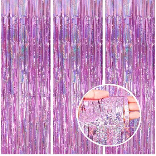 3 Pack Foil Curtain Backdrop 3.3x6.6 ft Tinsel Fringe Curtains for Parties Metallic Streamers Photo Booth Props,Wedding & Birthday,Holiday Decorations Disco,Bachelorette,Door Hanging Decor (Pink) - color: Pink