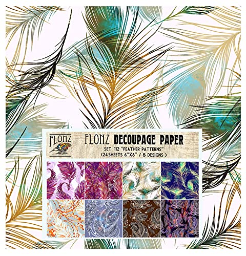 Decoupage Paper Pack (24 Sheets 6"x6") Peacock Feathers FLONZ Vintage Styled Seamless Pattern Paper for Decoupage, Craft and Scrapbooking - color: One