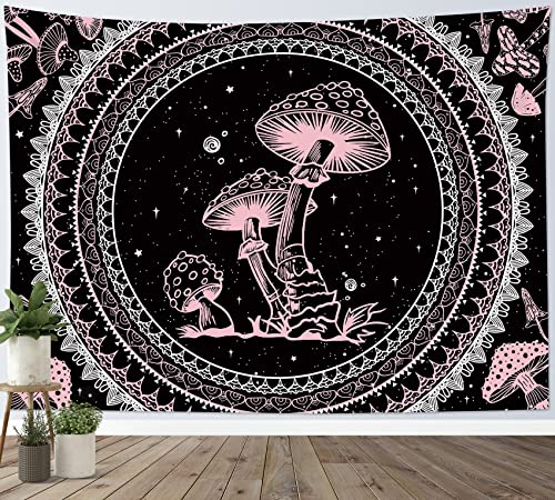 SCECALA Pink Mushroom Wall Art - Boho Mandala Pattern with Black and White Star Design for Bedroom, Living Room, Teen Dorm, Home Decor - 80x60 Inch - color: Pink, size: 60"L x 80"W