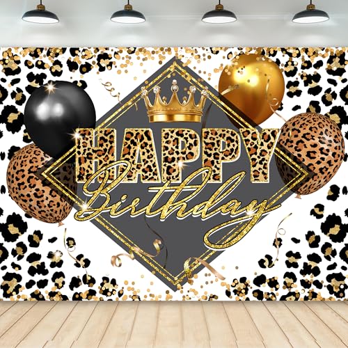 Newsely Leopard Happy Birthday Backdrop 7Wx5H Photography Woman Girl Cheetah Print Queen Golden Glitter Balloons Luxury Elegant Vintage Background Party Decorations Banner Photo Booth Props Supplies - color: F-leopard, size: 7Wx5H