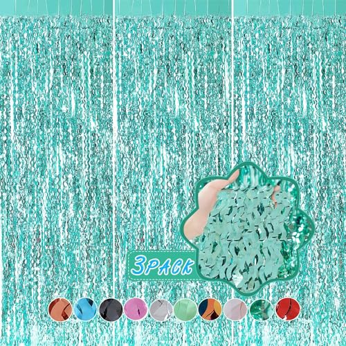 3 Pack Teal Aqua Blue Wave Foil Curtains - 3.3 ft x 6.6 ft Tinsel Metallic Streamers for Photo Booth Birthday Wedding Girl Princess Bachelorette Euphoria Theme Party Decorations - color: Teal Blue