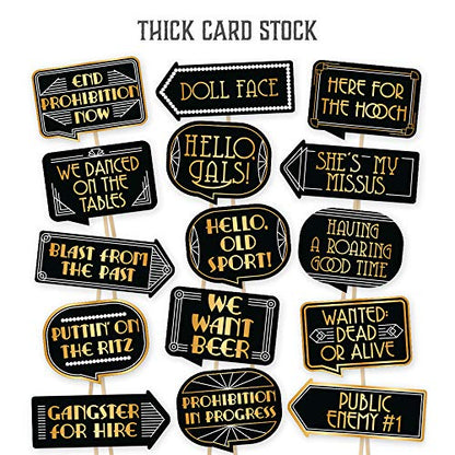 Gatsby Photo Booth Props By PartyGraphix - European Made Great Gatsby Party Supplies - 1920's Party Decorations - Easy to Assemble Selfie Props Roaring 20s Kit Includes 15 Pieces - size: 15 signs