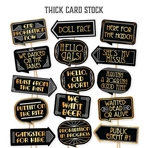 Gatsby Photo Booth Props By PartyGraphix - European Made Great Gatsby Party Supplies - 1920's Party Decorations - Easy to Assemble Selfie Props Roaring 20s Kit Includes 15 Pieces - size: 15 signs