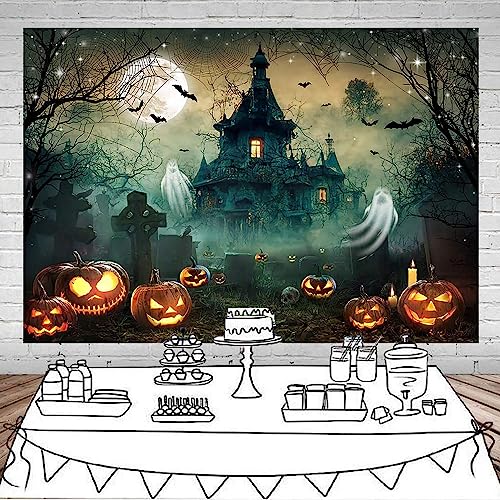 Mocsicka Halloween Photography Backdrop Horror Moon Night Scary Castle Pumpkin Lantern Background for Kids Adult Family Party Decorations Banner Decor Halloween Photo Booth (5x3ft) - size: 5x3ft