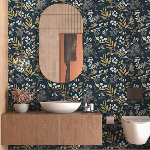 Laatse Dark Blue Leaf Wallpaper Peel and Stick Dark Floral Wallpaper for Bedroom Vintage Leaf Contact Paper Waterproof Self Adhesive Boho Floral Wall Paper for Bedroom Walls Countertop 17.5in x 118in - color: Blue&Golden, size: 118" x 17.5"