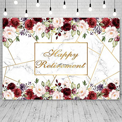 AIBIIN 7x5ft Happy Retirement Backdrop Red White Marble Rose Gold Pink Red Flowers Photography Background The Aged Women Lady Retirement Party Decorations Banner Photo Props