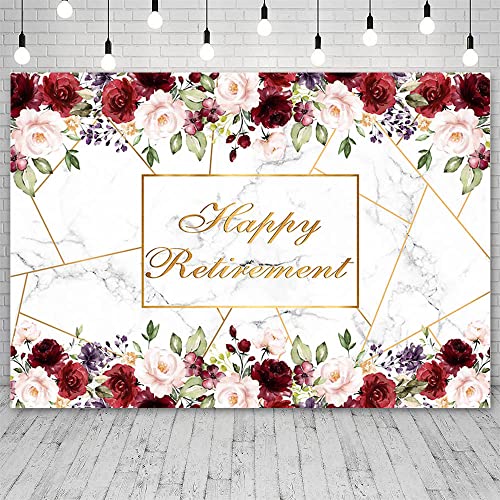 AIBIIN 7x5ft Happy Retirement Backdrop Red White Marble Rose Gold Pink Red Flowers Photography Background The Aged Women Lady Retirement Party Decorations Banner Photo Props