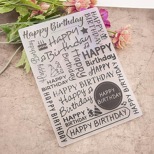 Happy Birthday Background Pattern Plastic Embossing Folder, 3D Textured Impressions English Words Background Embossing Folder Template for Card Making Scrapbooking Paper Craft Album Stamps DIY Décor - color: Happy Birthday Background