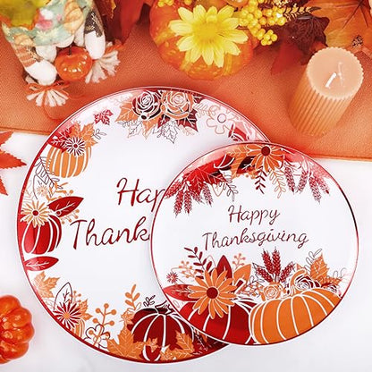 Rubtlamp 60PCS Thanksgiving Plastic Plates, White Orange Pumpkin Plates, Red Disposable Plates with Maple Leaves, Fall Disposable Plates Include 30 Dinner Plates, 30 Salad Plates For Thanksgiving - color: White Orange
