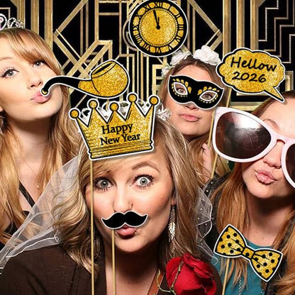 25 Pcs Happy New Year Photo Booth Props 2026 Eve Party Supplies Holiday Celebrations Black Gold Funny Table Decorations Accessories