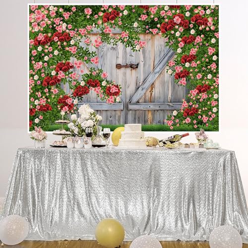 AOFOTO Barn Door Rose Backdrop Rustic Red Pink Beige Flowers Background Romantic Phtography Banner for Anniversary Wedding Decor Photo Studio Photobooth Props 5x3ft - color: brown, size: 5x3ft