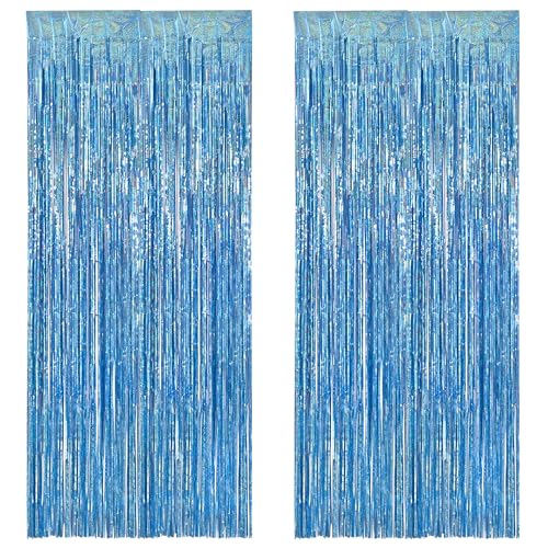 BRAVESHINE Light Blue Tinsel Foil Fringe Curtains - 2Pcs 3.2x8.2 ft Metallic Holiday Streamers Backdrop for Christmas/Winter’s Snowflake/Frozen/Birthdays/Mermaid/Bachelorette/Engagement Party Decor - color: Light Blue