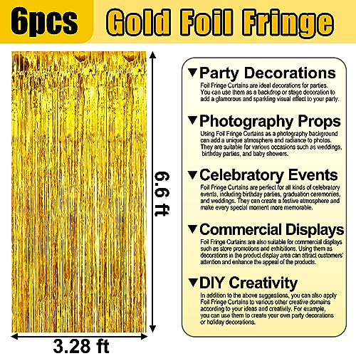 6 Pack Gold Foil Fringe Curtain Backdrop, 3.28Ft x 6.6Ft Metallic Tinsel Foil Fringe Streamer Curtains for Photo Booth, Christmas Day, Thanksgiving, Wedding, New Year Party Decorations - color: Gold
