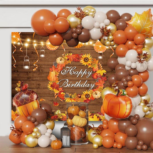 AIBIIN Fall Birthday Banner Backdrop Autumn Rustic Wood Wall Photography Background Thanksgiving Pumpkin Maple Leaf Harvest Wreath Mexican Paper Fan Party Decoration Bday Cake Smash Photo Studio Props - size: 7x5ft