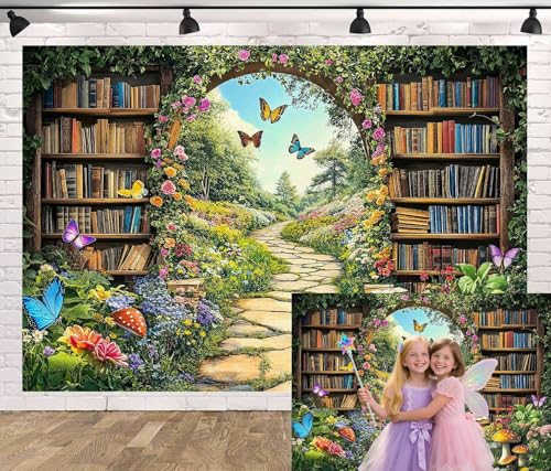 Enchanted Forest Fairy Library Backdrop, Spring Woodland Bookshelf Tea Party Photography Background, Green Floral Plant Birthday Party Decorations Baby Shower Banner Photo Booth Props 6X4FT - color: Brown, size: 6X4FT