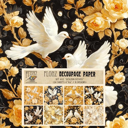 Decoupage Paper Pack (24 Sheets 6"x6") Golden Doves: Elegant White Doves with Golden Roses on a Classic Black Background # Vintage Styled Paper for Craft and Scrapbooking - color: Fortyten