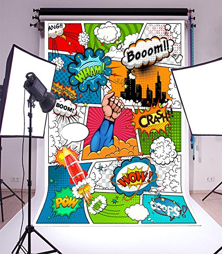Yeele 5x7ft Cartoon Superhero Photography Background Humor Comics Book Photo Backdrops Vinyl Knock Combating Villain Boom Crash Rocket Pow Newborn Baby Boys Birthday Party Decorative Studio Props